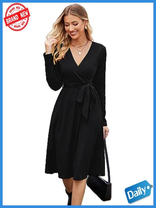 Dresses & Skirts - Ribbed Knit Sweater Dress Long Sleeve V-Neck Tie Waist Midi Dresses for Women